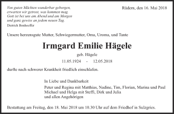 Traueranzeige von Irmgard Emilie Hägele von Eßlinger Zeitung/Cannstatter Zeitung