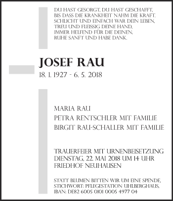 Traueranzeige von Josef Rau von Eßlinger Zeitung/Cannstatter Zeitung