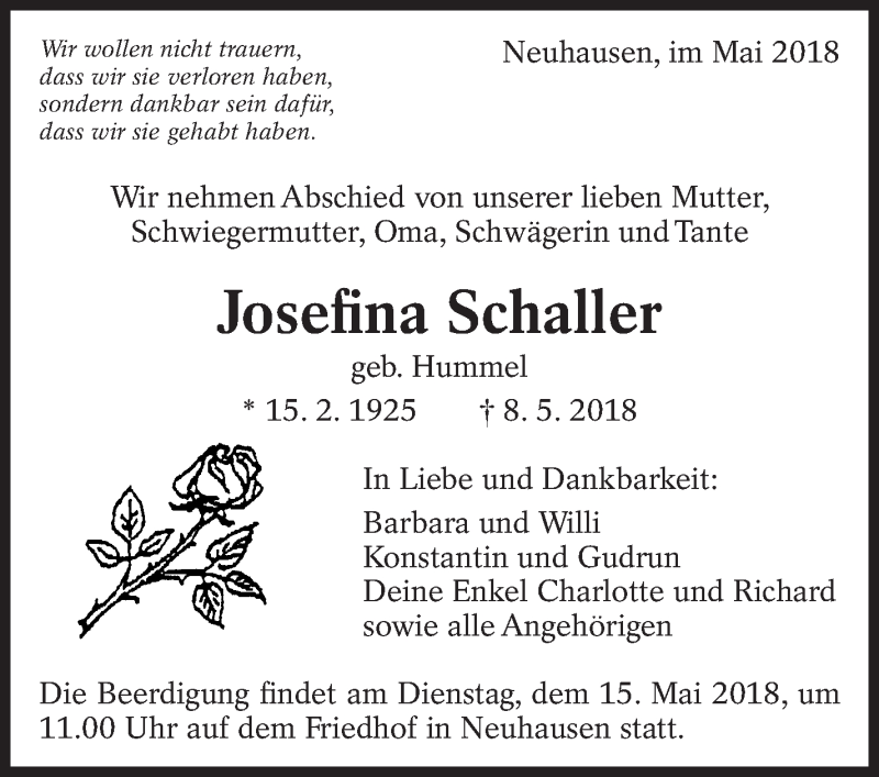  Traueranzeige für Josefina Schaller vom 12.05.2018 aus Eßlinger Zeitung/Cannstatter Zeitung