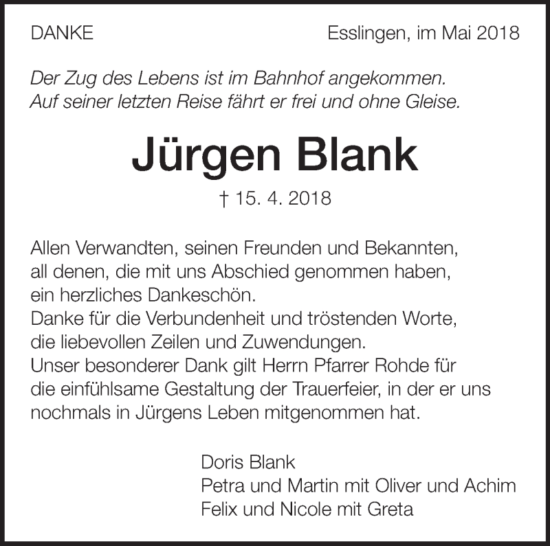  Traueranzeige für Jürgen Blank vom 09.05.2018 aus Eßlinger Zeitung/Cannstatter Zeitung