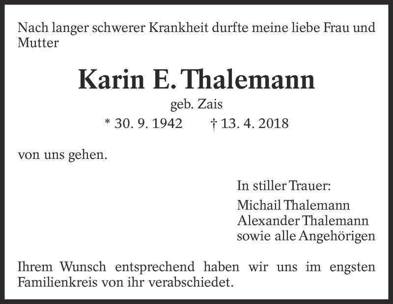 Traueranzeige für Karin E. Thalemann vom 12.05.2018 aus Eßlinger Zeitung/Cannstatter Zeitung