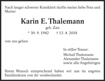 Traueranzeige von Karin E. Thalemann von Eßlinger Zeitung/Cannstatter Zeitung
