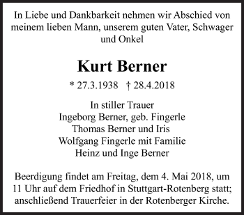 Traueranzeige von Kurt Berner von Eßlinger Zeitung/Cannstatter Zeitung