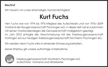 Traueranzeige von Kurt Fuchs von Eßlinger Zeitung/Cannstatter Zeitung