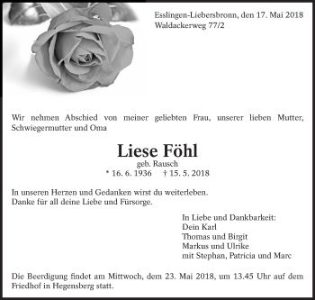 Traueranzeige von Liese Föhl von Eßlinger Zeitung/Cannstatter Zeitung