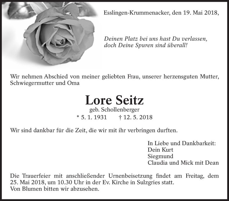  Traueranzeige für Lore Seitz vom 19.05.2018 aus Eßlinger Zeitung/Cannstatter Zeitung