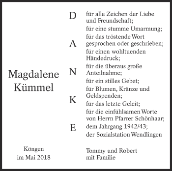 Traueranzeige von Magdalene Kümmel von Eßlinger Zeitung/Cannstatter Zeitung