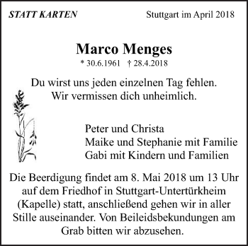 Traueranzeige von Marco Menges von Eßlinger Zeitung/Cannstatter Zeitung