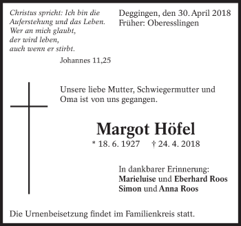 Traueranzeige von Margot Höfel von Eßlinger Zeitung/Cannstatter Zeitung