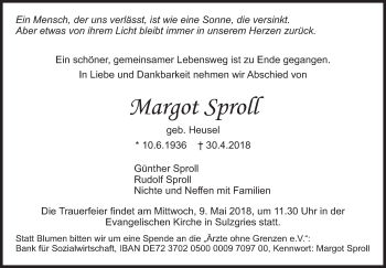 Traueranzeige von Margot Sproll von Eßlinger Zeitung/Cannstatter Zeitung