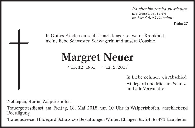  Traueranzeige für Margret Neuer vom 16.05.2018 aus Eßlinger Zeitung/Cannstatter Zeitung