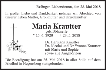 Traueranzeige von Maria Krautter von Eßlinger Zeitung/Cannstatter Zeitung