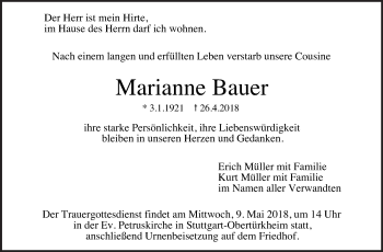 Traueranzeige von Marianne Bauer von Eßlinger Zeitung/Cannstatter Zeitung