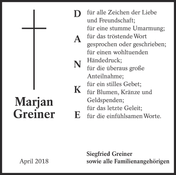 Traueranzeige von Marjan Greiner von Eßlinger Zeitung/Cannstatter Zeitung