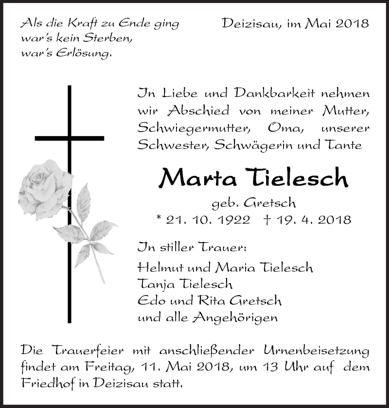  Traueranzeige für Marta Tielesch vom 04.05.2018 aus Eßlinger Zeitung/Cannstatter Zeitung