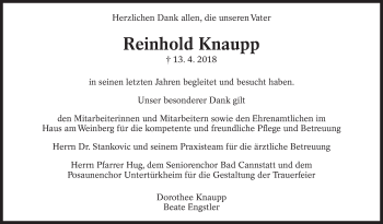Traueranzeige von Reinhold Knaupp von Eßlinger Zeitung/Cannstatter Zeitung