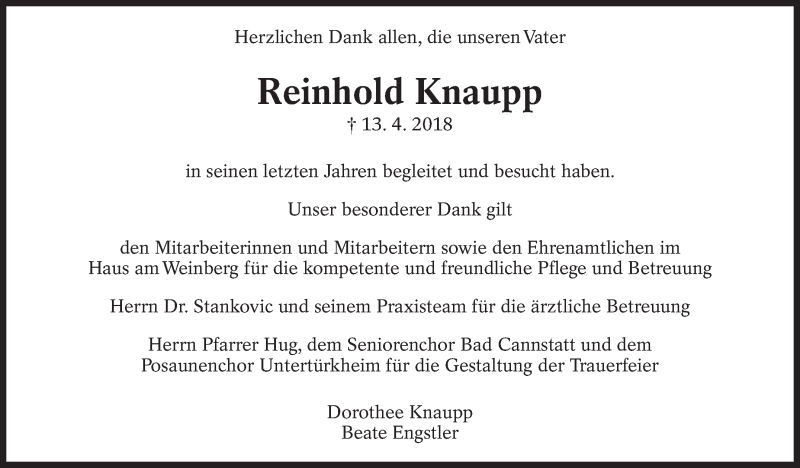  Traueranzeige für Reinhold Knaupp vom 17.05.2018 aus Eßlinger Zeitung/Cannstatter Zeitung