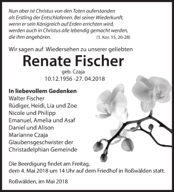 Traueranzeige von Renate Fischer von Eßlinger Zeitung/Cannstatter Zeitung
