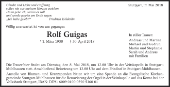 Traueranzeige von Rolf Guigas von Eßlinger Zeitung/Cannstatter Zeitung