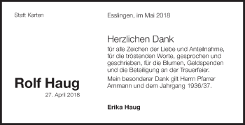 Traueranzeige von Rolf Haug von Eßlinger Zeitung/Cannstatter Zeitung