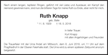 Traueranzeige von Ruth Knapp von Eßlinger Zeitung/Cannstatter Zeitung