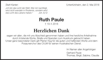 Traueranzeige von Ruth Paule von Eßlinger Zeitung/Cannstatter Zeitung