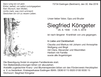 Traueranzeige von Siegfried Köngeter von Eßlinger Zeitung/Cannstatter Zeitung