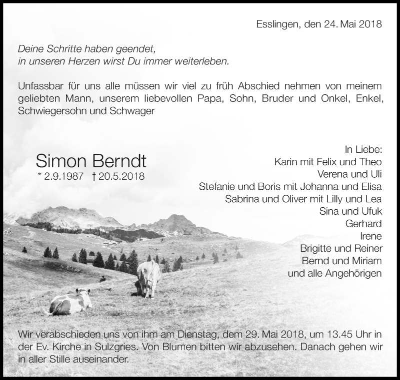  Traueranzeige für Simon Berndt vom 24.05.2018 aus Eßlinger Zeitung/Cannstatter Zeitung