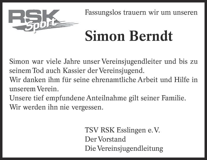  Traueranzeige für Simon Berndt vom 26.05.2018 aus Eßlinger Zeitung/Cannstatter Zeitung