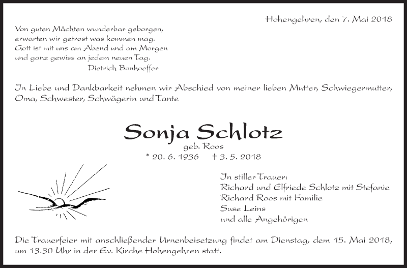  Traueranzeige für Sonja Schlotz vom 07.05.2018 aus Eßlinger Zeitung/Cannstatter Zeitung