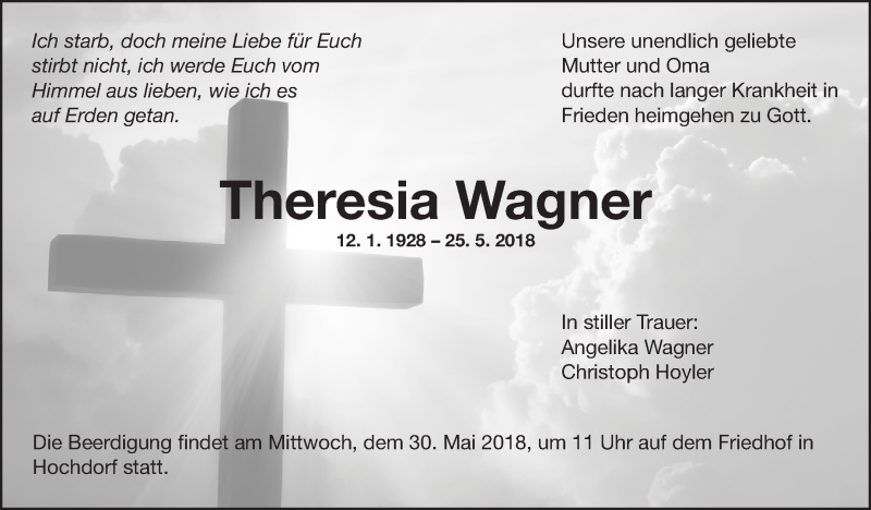  Traueranzeige für Theresia Wagner vom 29.05.2018 aus Eßlinger Zeitung/Cannstatter Zeitung