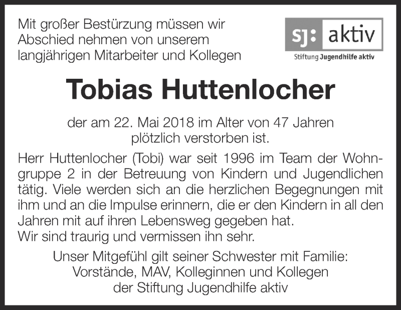  Traueranzeige für Tobias Huttenlocher vom 29.05.2018 aus Eßlinger Zeitung/Cannstatter Zeitung