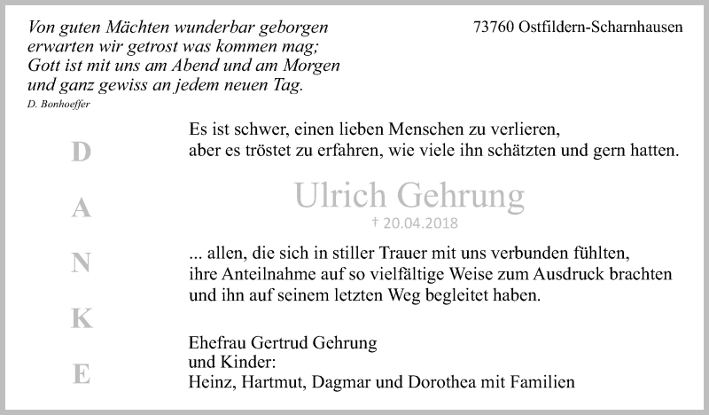  Traueranzeige für Ulrich Gehrung vom 12.05.2018 aus Eßlinger Zeitung/Cannstatter Zeitung