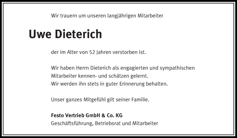  Traueranzeige für Uwe Dieterich vom 11.05.2018 aus Eßlinger Zeitung/Cannstatter Zeitung