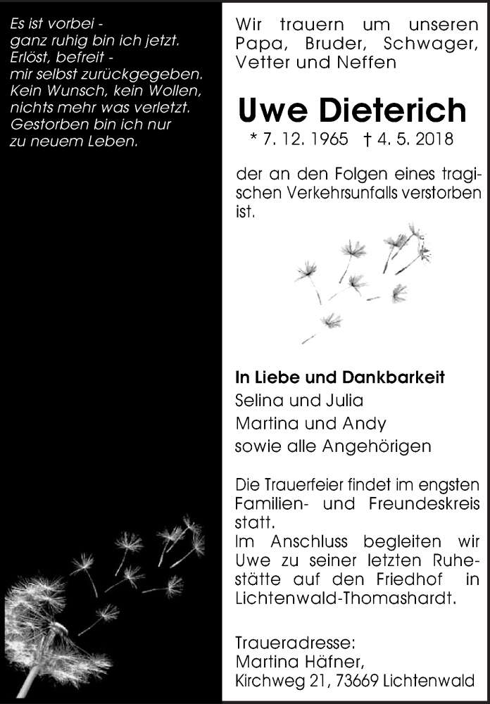  Traueranzeige für Uwe Dieterich vom 11.05.2018 aus Eßlinger Zeitung/Cannstatter Zeitung