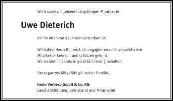 Traueranzeige von Uwe Dieterich von Eßlinger Zeitung/Cannstatter Zeitung