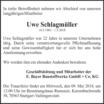Traueranzeige von Uwe Schlagmüller von Eßlinger Zeitung/Cannstatter Zeitung