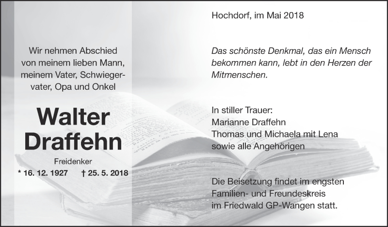  Traueranzeige für Walter Draffehn vom 29.05.2018 aus Eßlinger Zeitung/Cannstatter Zeitung
