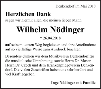 Traueranzeige von Wilhelm Nödinger von Eßlinger Zeitung/Cannstatter Zeitung