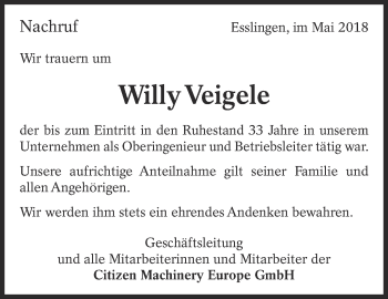 Traueranzeige von Willy Veigele von Eßlinger Zeitung/Cannstatter Zeitung