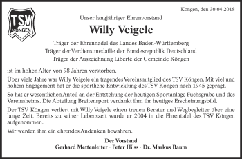 Traueranzeige von Willy Veigele von Eßlinger Zeitung/Cannstatter Zeitung