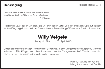 Traueranzeige von Willy Veigele von Eßlinger Zeitung/Cannstatter Zeitung