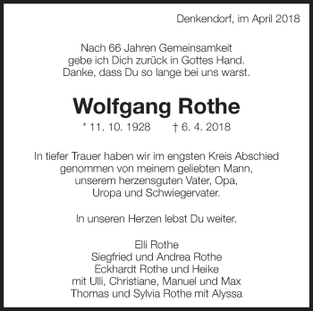 Traueranzeige von Wolfgang Rothe von Eßlinger Zeitung/Cannstatter Zeitung
