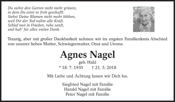 Traueranzeige von Agnes Nagel von Eßlinger Zeitung/Cannstatter Zeitung