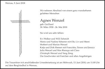 Traueranzeige von Agnes Wenzel von Eßlinger Zeitung/Cannstatter Zeitung