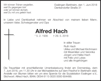 Traueranzeige von Alfred Hach von Eßlinger Zeitung/Cannstatter Zeitung