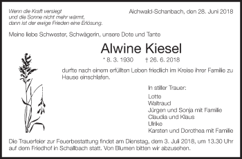 Traueranzeige von Alwine Kiesel von Eßlinger Zeitung/Cannstatter Zeitung