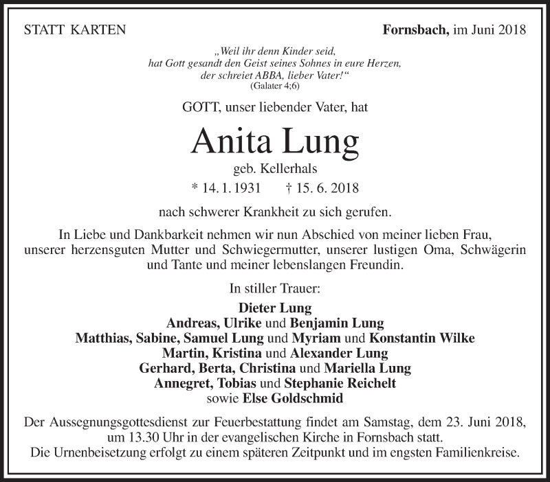  Traueranzeige für Anita Lung vom 19.06.2018 aus Eßlinger Zeitung/Cannstatter Zeitung