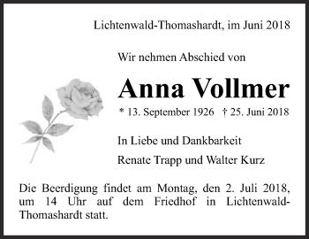 Traueranzeige von Anna Vollmer von Eßlinger Zeitung/Cannstatter Zeitung