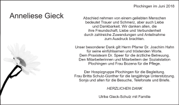 Traueranzeige von Anneliese Gieck von Eßlinger Zeitung/Cannstatter Zeitung